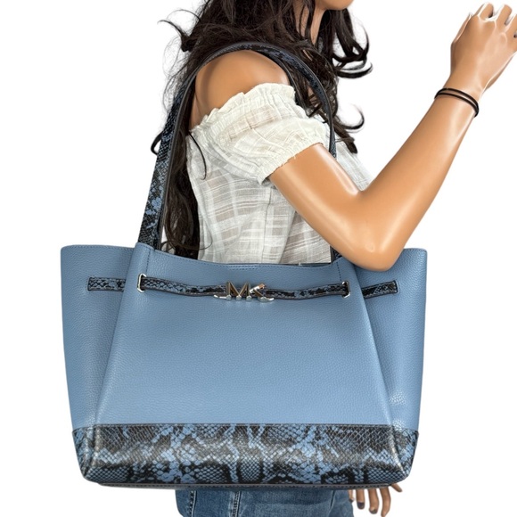 Michael Kors Reed Large Belted Shoulder Tote Leather Bag Denim Exotic Accents - Picture 2 of 15